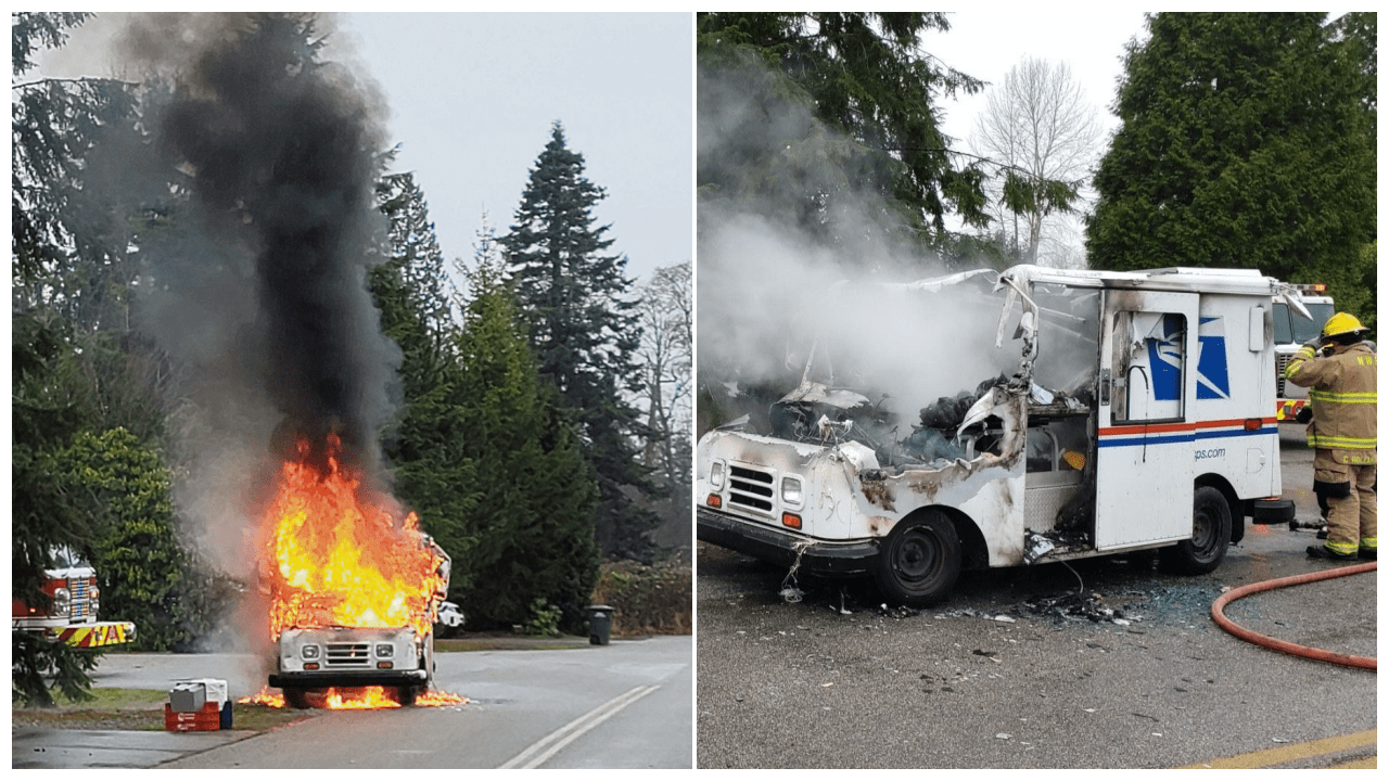 Mail truck ablaze during morning route in Blaine, WA