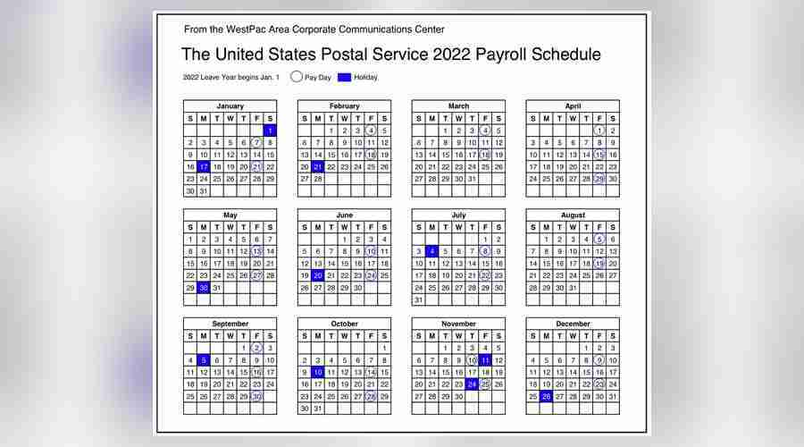 Calendar shows 2022 USPS payroll schedule Postal Times