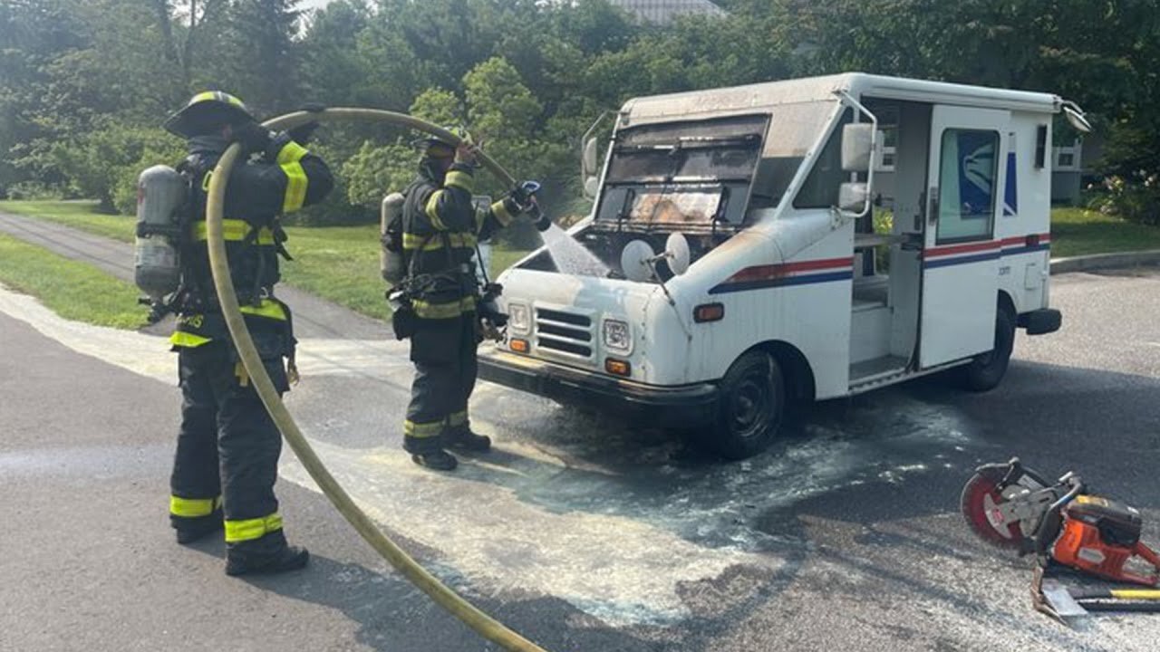 United States Postal Service vehicle caught fire on State Road in Great Barrington, Mass
