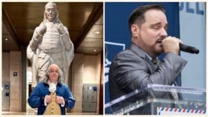 Employees, customers and Ben Franklin himself participate in the Postal Service’s 250th anniversary