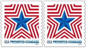 The new stamp for business mailers has a bold, patriotic image