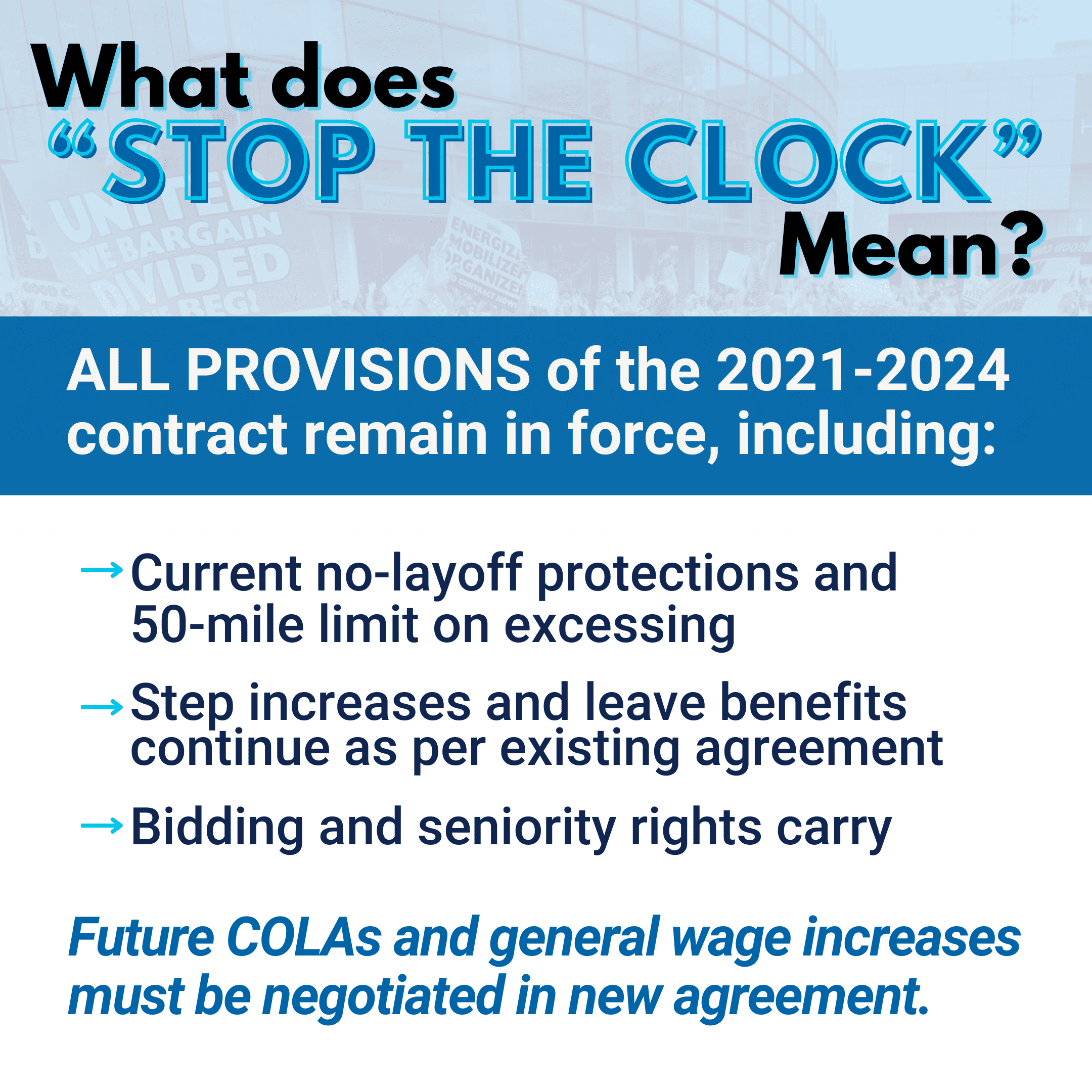 What does stop the clock mean? All provisions of the 2021-2024 contract remain in force, including: Current no-layoff protections and 50-mile limit on excessing Step increases and leave benefits continue as per existing agreement; Bidding and seniority.