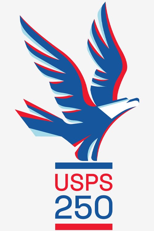 An illustration of a red, white and blue eagle sits above a typographic phrase spelling out “USPS 250.”