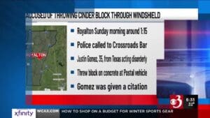 Texas man cited after throwing cinderblock through mail carrier windshield in Royalton, VT