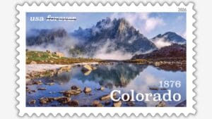 This stamp honors Colorado’s 150th anniversary
