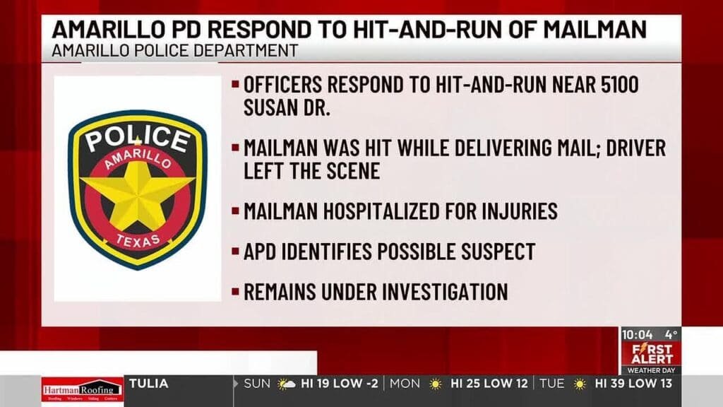 Amarillo police investigating hit-and-run that left mail carrier hospitalized
